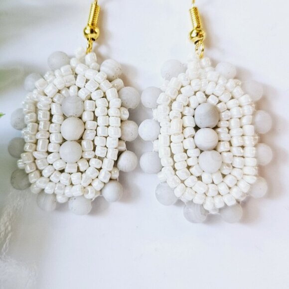 2/$27 | White Stone Shield Beaded Indigenous Hoop Earrings | Handmade - Picture 1 of 6